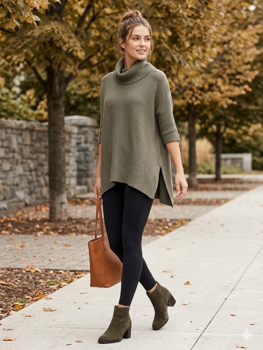 Antonio Melani Olive Green 100%Cashmere 3/4 Sleeve Turtleneck Tunic Sweater Sz S